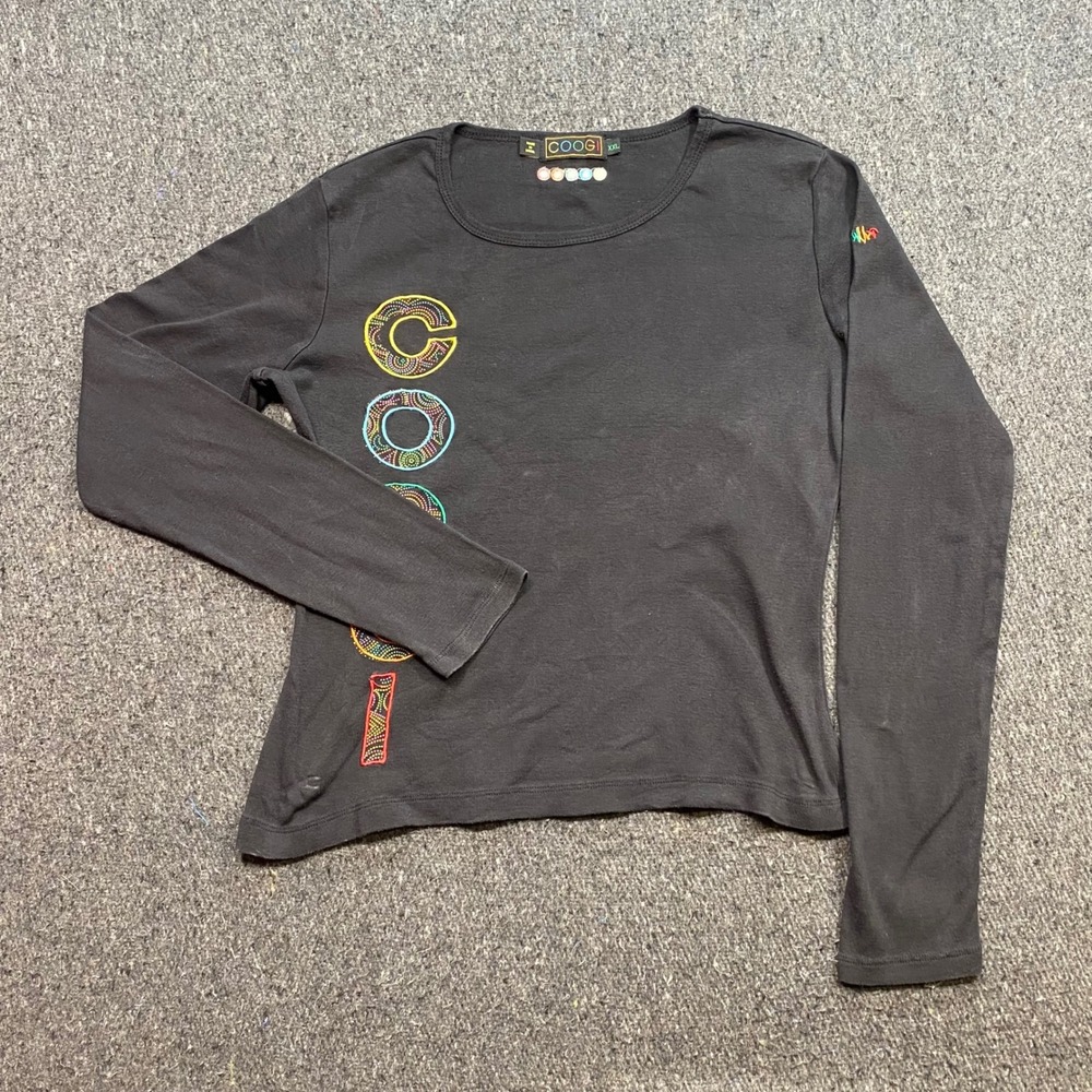 Coogi TShirt Sz XXL Womens Black Streetwear Embroidered Logo Long Sleeve Retro